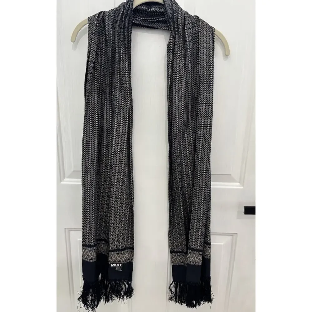 Vintage DKNY Donna Karan New York 100% Silk Scarf Black Geometric Fringe Korea